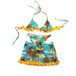 Vintage Letarte 3 Piece Flower Embellished Bikini and Skirt